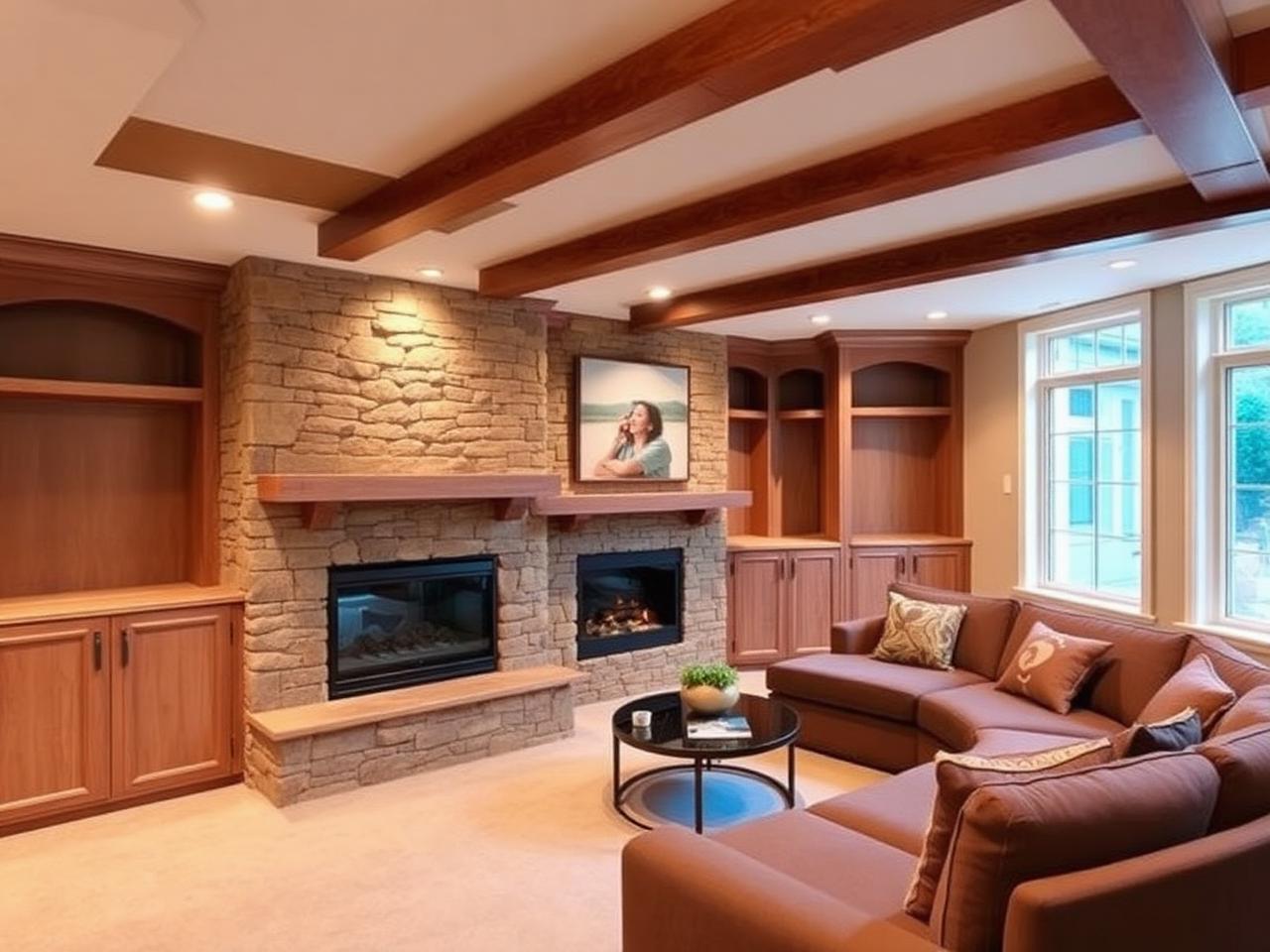 Finished basement with walnut cabinetry